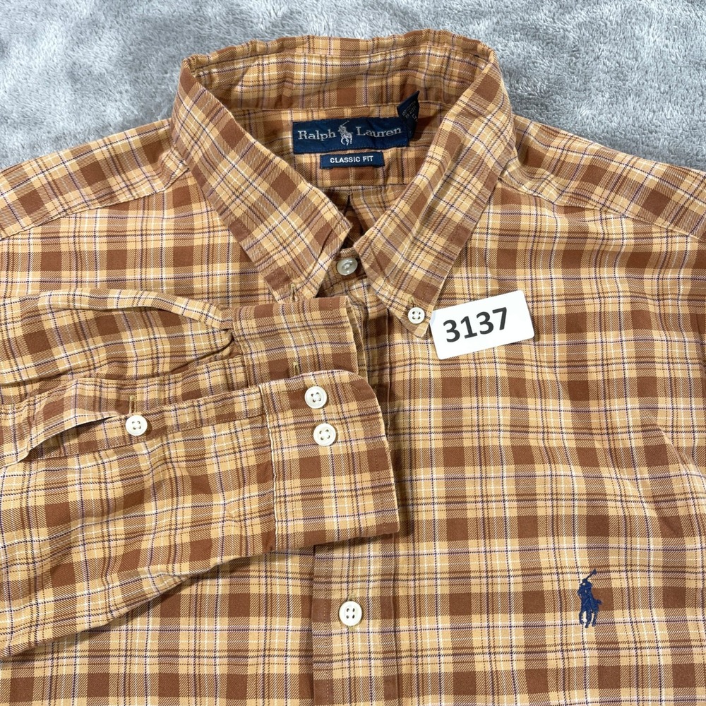 Ralph Lauren Button Down Shirt Mens XL Brown Plaid Classic Fit Long Sleeve